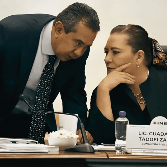 El consejero Jorge Montaño Ventura junto a la consejera presidenta Guadalupe Taddei en sesión del INE.