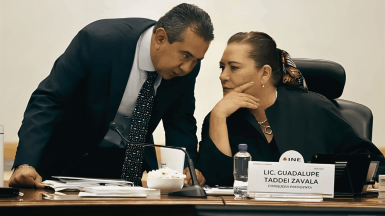 El consejero Jorge Montaño Ventura junto a la consejera presidenta Guadalupe Taddei en sesión del INE.