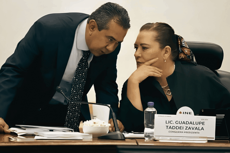 El consejero Jorge Montaño Ventura junto a la consejera presidenta Guadalupe Taddei en sesión del INE.