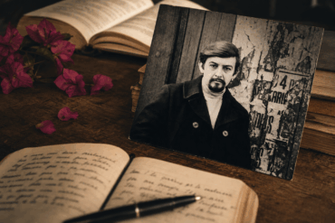 Retrato de José Carlos Becerra entre libros y cuadernos como homenaje cultural en Villahermosa