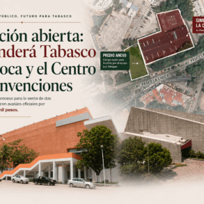 Infografía con vista aérea del Gimnasio La Choca en Avenida Paseo La Choca y fachada del Centro de Convenciones Tabasco 2000, dos predios del Gobierno de Tabasco en proceso de licitación pública por 414 millones 989 mil pesos.