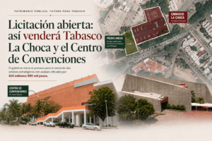 Infografía con vista aérea del Gimnasio La Choca en Avenida Paseo La Choca y fachada del Centro de Convenciones Tabasco 2000, dos predios del Gobierno de Tabasco en proceso de licitación pública por 414 millones 989 mil pesos.