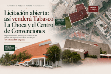 Infografía con vista aérea del Gimnasio La Choca en Avenida Paseo La Choca y fachada del Centro de Convenciones Tabasco 2000, dos predios del Gobierno de Tabasco en proceso de licitación pública por 414 millones 989 mil pesos.