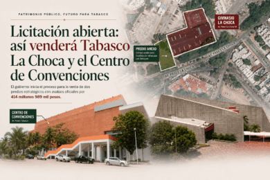 Infografía con vista aérea del Gimnasio La Choca en Avenida Paseo La Choca y fachada del Centro de Convenciones Tabasco 2000, dos predios del Gobierno de Tabasco en proceso de licitación pública por 414 millones 989 mil pesos.