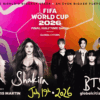 Cartel promocional del show de medio tiempo de la final del Mundial 2026 con Madonna, Shakira y BTS.