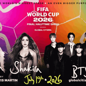 Cartel promocional del show de medio tiempo de la final del Mundial 2026 con Madonna, Shakira y BTS.