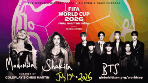 Cartel promocional del show de medio tiempo de la final del Mundial 2026 con Madonna, Shakira y BTS.