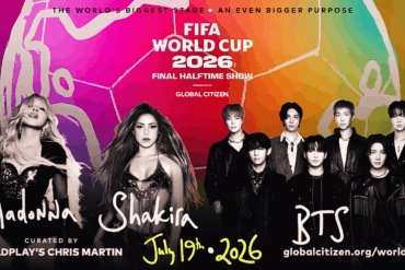 Cartel promocional del show de medio tiempo de la final del Mundial 2026 con Madonna, Shakira y BTS.
