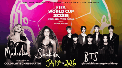 Cartel promocional del show de medio tiempo de la final del Mundial 2026 con Madonna, Shakira y BTS.