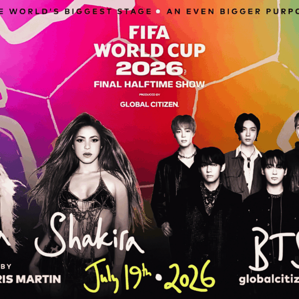 Cartel promocional del show de medio tiempo de la final del Mundial 2026 con Madonna, Shakira y BTS.