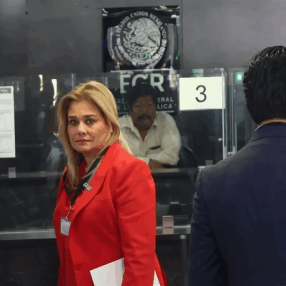 Maru Campos llega a la FGR en Ciudad de México para responder al citatorio federal.