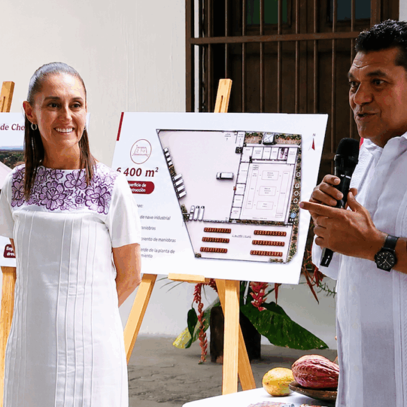 Claudia Sheinbaum y Javier May presentan proyecto de planta procesadora de cacao en Comalcalco.