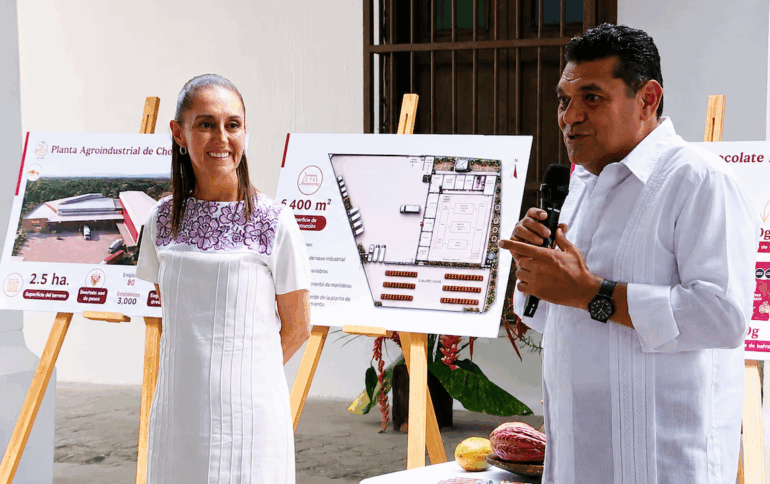 Claudia Sheinbaum y Javier May presentan proyecto de planta procesadora de cacao en Comalcalco.