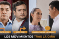 Composición gráfica con Serafín Tadeo, Andy López Beltrán, Claudia Sheinbaum y Javier May sobre los saldos políticos de la gira presidencial en Tabasco.