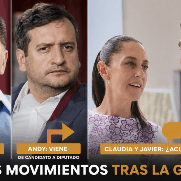 Composición gráfica con Serafín Tadeo, Andy López Beltrán, Claudia Sheinbaum y Javier May sobre los saldos políticos de la gira presidencial en Tabasco.