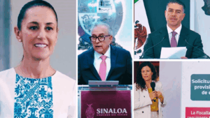 Claudia Sheinbaum, Omar García Harfuch y Luisa María Alcalde durante mensajes oficiales sobre el caso Rubén Rocha y Sinaloa.