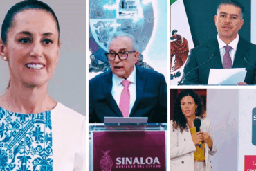 Claudia Sheinbaum, Omar García Harfuch y Luisa María Alcalde durante mensajes oficiales sobre el caso Rubén Rocha y Sinaloa.