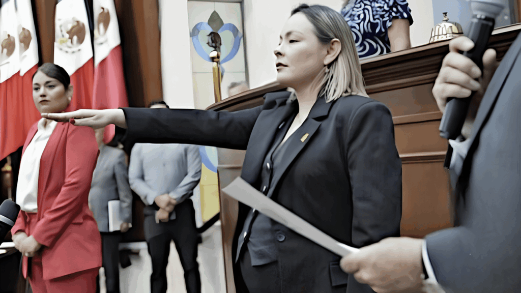 Yeraldine Bonilla rinde protesta ante el Congreso de Sinaloa como gobernadora interina del estado.