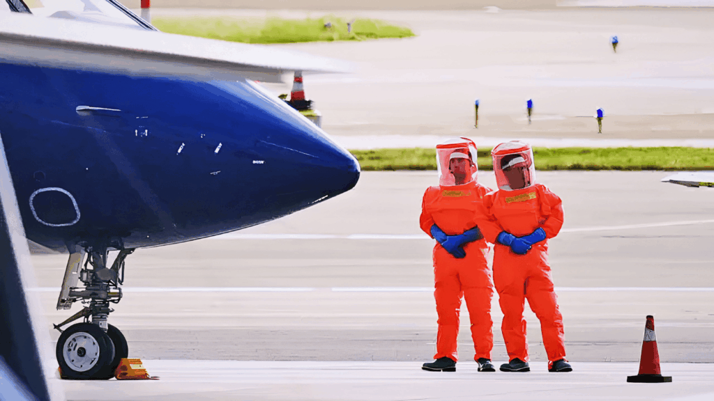 Dos sanitarios con trajes de aislamiento naranjas y cascos presurizados aguardan junto a un avión en la pista del aeropuerto Tenerife Sur durante el operativo de repatriación de pasajeros del crucero MV Hondius.