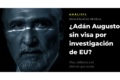 Retrato editorial de Adán Augusto López Hernández con tratamiento en duotono azul frío y titular sobre investigación de Estados Unidos por presunta revocación de visa