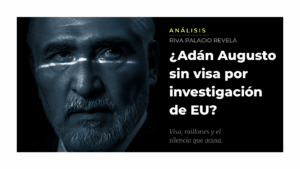 Retrato editorial de Adán Augusto López Hernández con tratamiento en duotono azul frío y titular sobre investigación de Estados Unidos por presunta revocación de visa