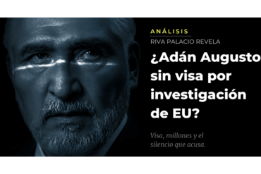 Retrato editorial de Adán Augusto López Hernández con tratamiento en duotono azul frío y titular sobre investigación de Estados Unidos por presunta revocación de visa