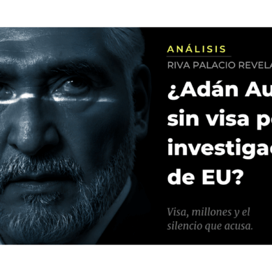 Retrato editorial de Adán Augusto López Hernández con tratamiento en duotono azul frío y titular sobre investigación de Estados Unidos por presunta revocación de visa