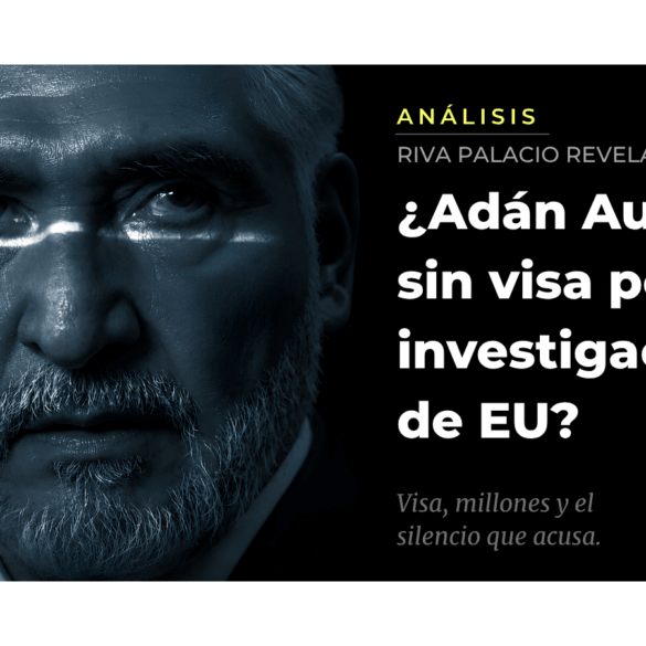 Retrato editorial de Adán Augusto López Hernández con tratamiento en duotono azul frío y titular sobre investigación de Estados Unidos por presunta revocación de visa