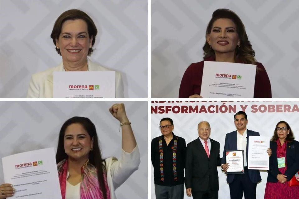 Aspirantes de Morena, PT y PVEM a la gubernatura de Sonora posan con sus documentos de registro en el proceso interno de la coalición para 2027