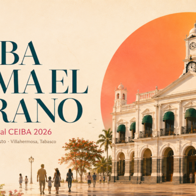 Visual editorial del Festival Cultural CEIBA 2026 con Plaza de Armas, colores tropicales, fecha de verano y elementos de cultura popular tabasqueña.