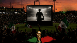 Aficionados observan una transmisión masiva relacionada con el Mundial en el Estadio Centenario 27 de Febrero de Villahermosa, durante una jornada de convivencia deportiva.
