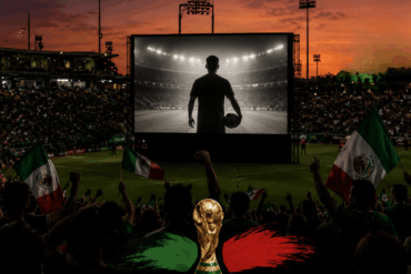 Aficionados observan una transmisión masiva relacionada con el Mundial en el Estadio Centenario 27 de Febrero de Villahermosa, durante una jornada de convivencia deportiva.