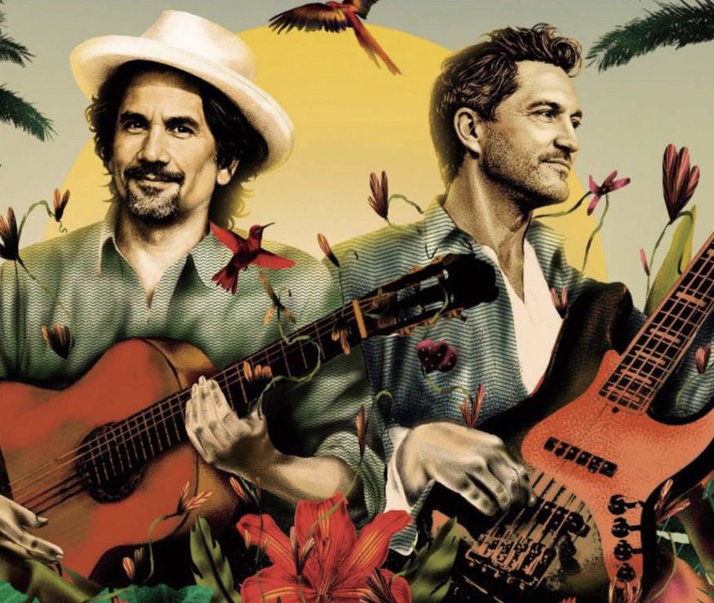 Ilustración promocional del grupo Bacilos, integrado por músicos con guitarras entre elementos tropicales, anunciados para el cierre del Festival Villahermosa 2026 en el Parque La Choca.