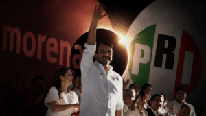 Arte editorial que combina una fotografía de Andrés Manuel López Beltrán en mitin con una composición gráfica de los logos de Morena y el PRI separados por un eclipse, ilustrando el reportaje sobre las elecciones al Congreso de Coahuila del 7 de junio de 2026