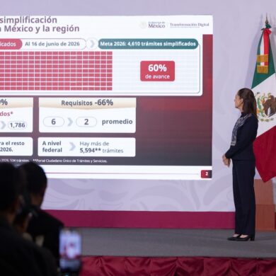 Claudia Sheinbaum presenta avances de la simplificación de trámites y digitalización de servicios gubernamentales en México durante 2026.
