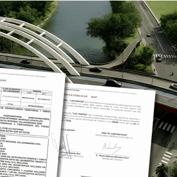 Portada del contrato de obra pública CO14001427-50/2026 del Proyecto Integral Villahermosa 2030 firmado entre la SOTOP y Mota-Engil México