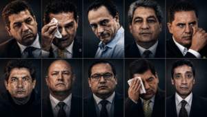 Collage de retratos de diez ex gobernadores mexicanos procesados por corrupción, narcotráfico y otros delitos, en composición de cuadrícula con iluminación dramática