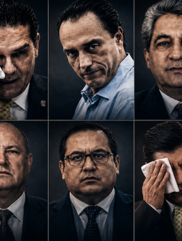 Collage de retratos de diez ex gobernadores mexicanos procesados por corrupción, narcotráfico y otros delitos, en composición de cuadrícula con iluminación dramática