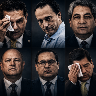 Collage de retratos de diez ex gobernadores mexicanos procesados por corrupción, narcotráfico y otros delitos, en composición de cuadrícula con iluminación dramática