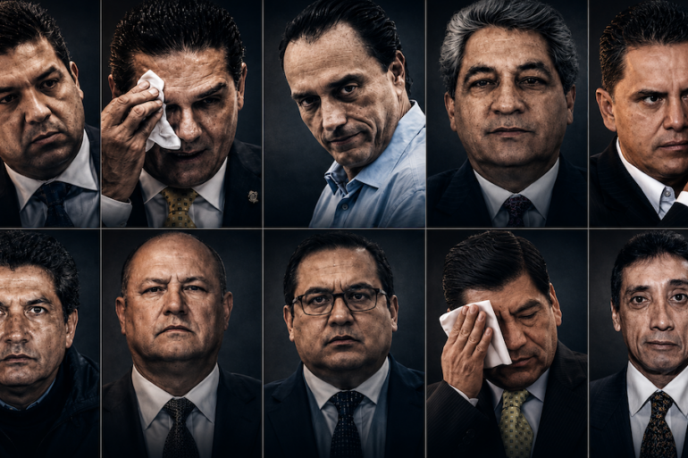 Collage de retratos de diez ex gobernadores mexicanos procesados por corrupción, narcotráfico y otros delitos, en composición de cuadrícula con iluminación dramática