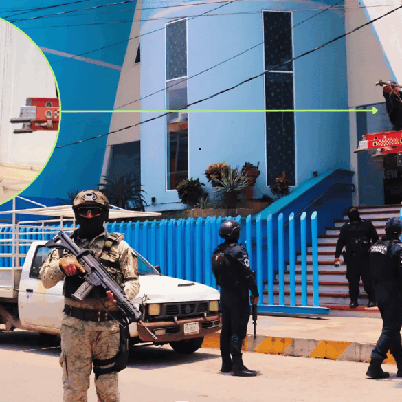 Elementos de la FIRT Olmeca y policías retiran una cámara de videovigilancia de la fachada de la Iglesia Presbiteriana Nueva Jerusalén en Villahermosa, Tabasco, durante el operativo Halcón Ciego.