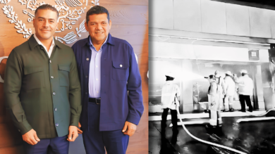 El gobernador Javier May Rodríguez y Omar García Harfuch, junto a una imagen de los operativos tras los disturbios registrados en Villahermosa.
