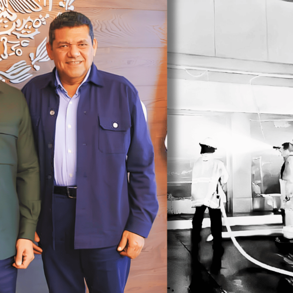 El gobernador Javier May Rodríguez y Omar García Harfuch, junto a una imagen de los operativos tras los disturbios registrados en Villahermosa.