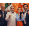 Ilustración editorial en estilo óleo que representa a cuatro figuras políticas genéricas con los puños en alto frente a banderas de Movimiento Ciudadano y la bandera de México. Imagen generada con inteligencia artificial para el reportaje sobre la reconfiguración de MC Tabasco rumbo a 2027.