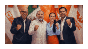 Ilustración editorial en estilo óleo que representa a cuatro figuras políticas genéricas con los puños en alto frente a banderas de Movimiento Ciudadano y la bandera de México. Imagen generada con inteligencia artificial para el reportaje sobre la reconfiguración de MC Tabasco rumbo a 2027.