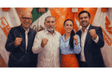 Ilustración editorial en estilo óleo que representa a cuatro figuras políticas genéricas con los puños en alto frente a banderas de Movimiento Ciudadano y la bandera de México. Imagen generada con inteligencia artificial para el reportaje sobre la reconfiguración de MC Tabasco rumbo a 2027.