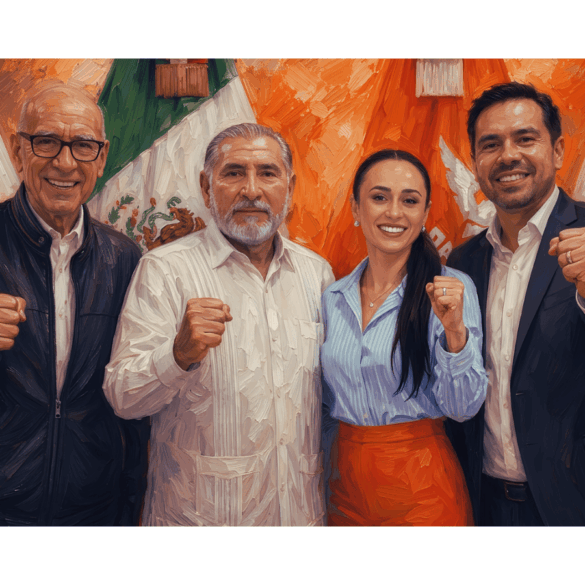 Ilustración editorial en estilo óleo que representa a cuatro figuras políticas genéricas con los puños en alto frente a banderas de Movimiento Ciudadano y la bandera de México. Imagen generada con inteligencia artificial para el reportaje sobre la reconfiguración de MC Tabasco rumbo a 2027.