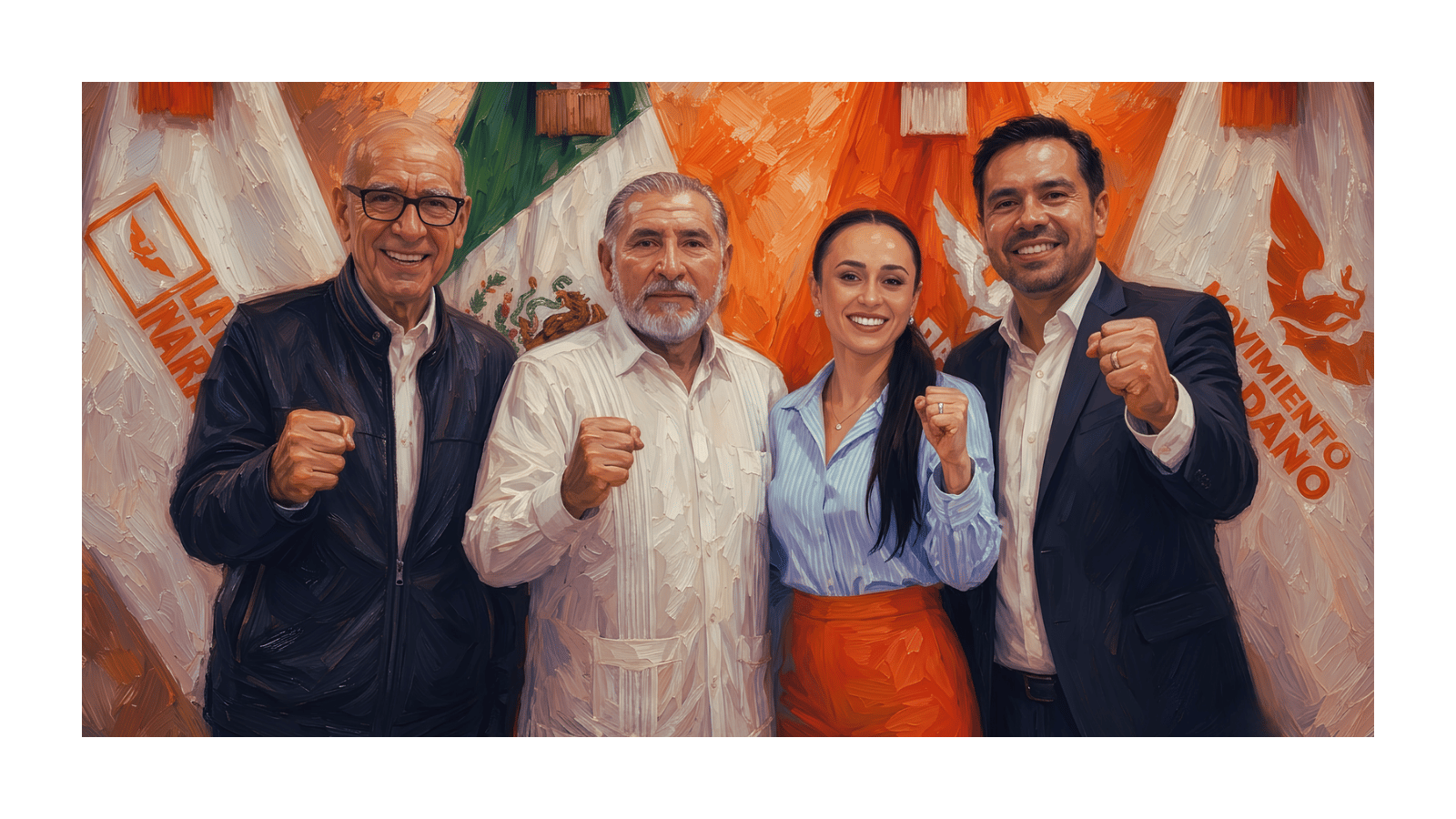 Ilustración editorial en estilo óleo que representa a cuatro figuras políticas genéricas con los puños en alto frente a banderas de Movimiento Ciudadano y la bandera de México. Imagen generada con inteligencia artificial para el reportaje sobre la reconfiguración de MC Tabasco rumbo a 2027.