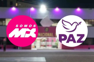 Logotipos de Somos México y Partido PAZ frente a la sede del INE tras obtener registro como partidos políticos nacionales el 25 de junio de 2025