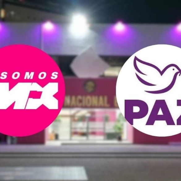 Logotipos de Somos México y Partido PAZ frente a la sede del INE tras obtener registro como partidos políticos nacionales el 25 de junio de 2025